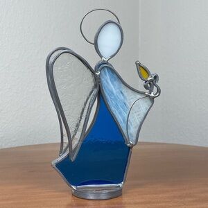 Vintage Handcrafted Stained Blue Glass Textured Angel Free Standing 6 1/4“ Tall